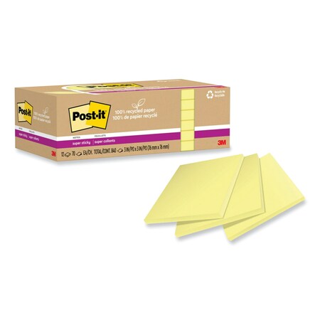 Post It Notes Super Sticky 100% Recycled Paper Super Sticky Notes, 3 x 3, Canary Yelow, 70 Sheets/Pad, 12PK 70007079745